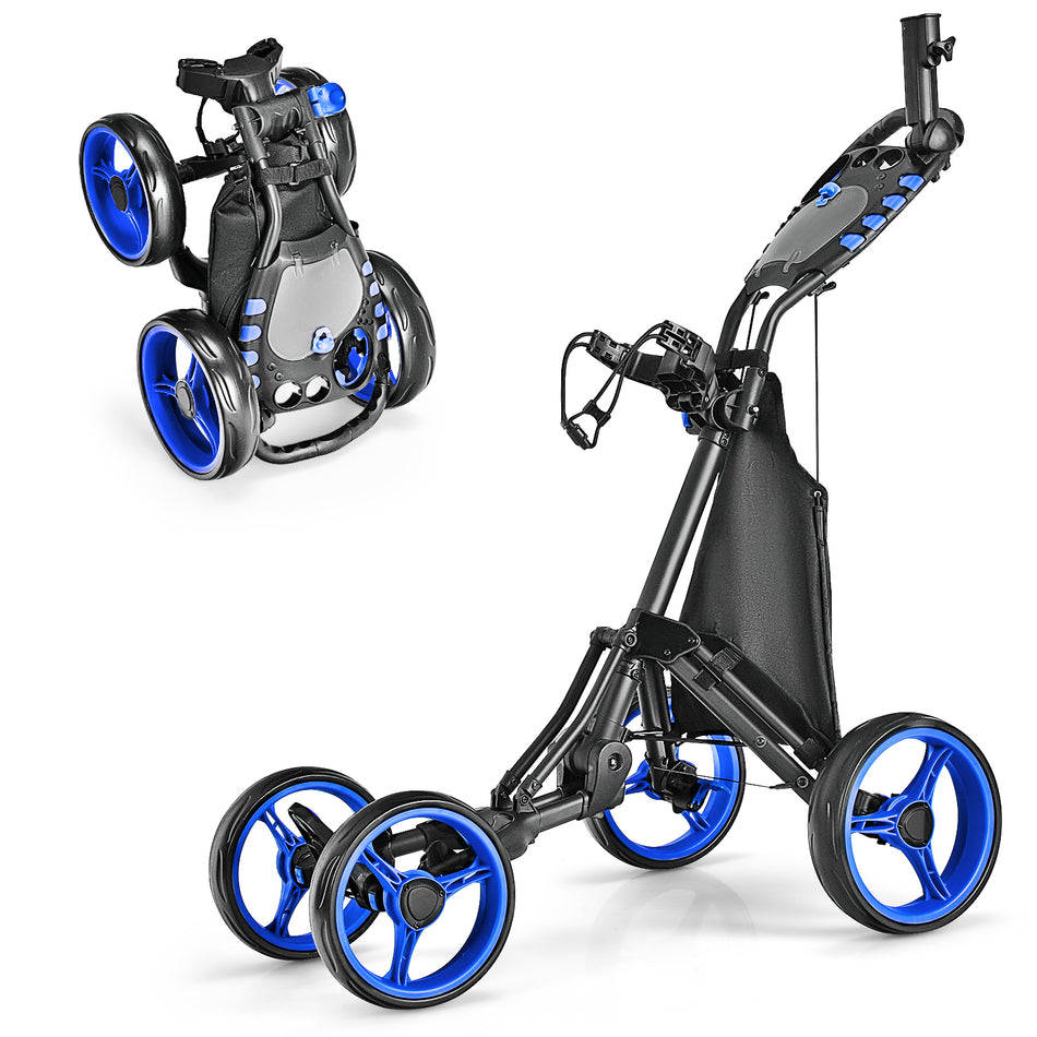ULTIMATE 4 Wheel Golf Push Cart, Lightweight Folding Golf Trolley Roller w/Scorecard/Cup/Umbrella/Golf Bag Holder & Cooler Bag