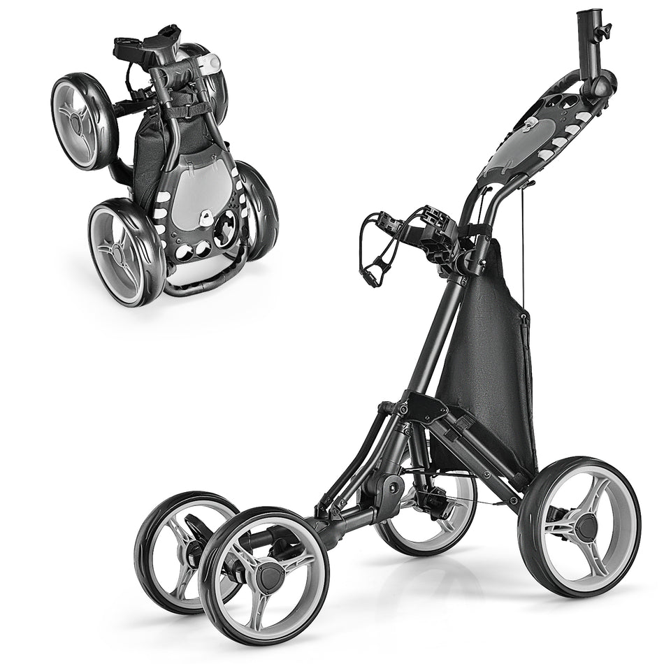 ULTIMATE 4 Wheel Golf Push Cart, Lightweight Folding Golf Trolley Roller w/Scorecard/Cup/Umbrella/Golf Bag Holder & Cooler Bag