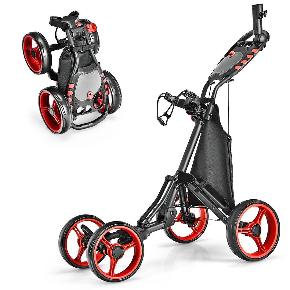 ULTIMATE 4 Wheel Golf Push Cart, Lightweight Folding Golf Trolley Roller w/Scorecard/Cup/Umbrella/Golf Bag Holder & Cooler Bag