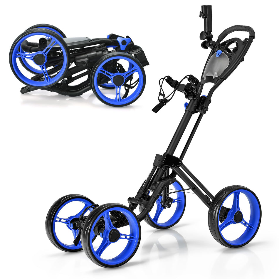 ULTIMATE 4 Wheel Golf Push Cart, Folding Golf Walking Cart w/Elastic Straps, Umbrella&Cup Holder