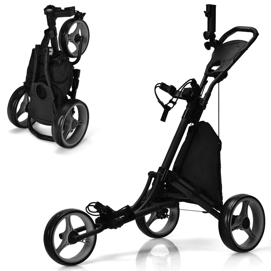ULTIMATE 3 Wheel Golf Push Cart, Aluminum Folding Golf Walking Push Cart w/Elastic Strap