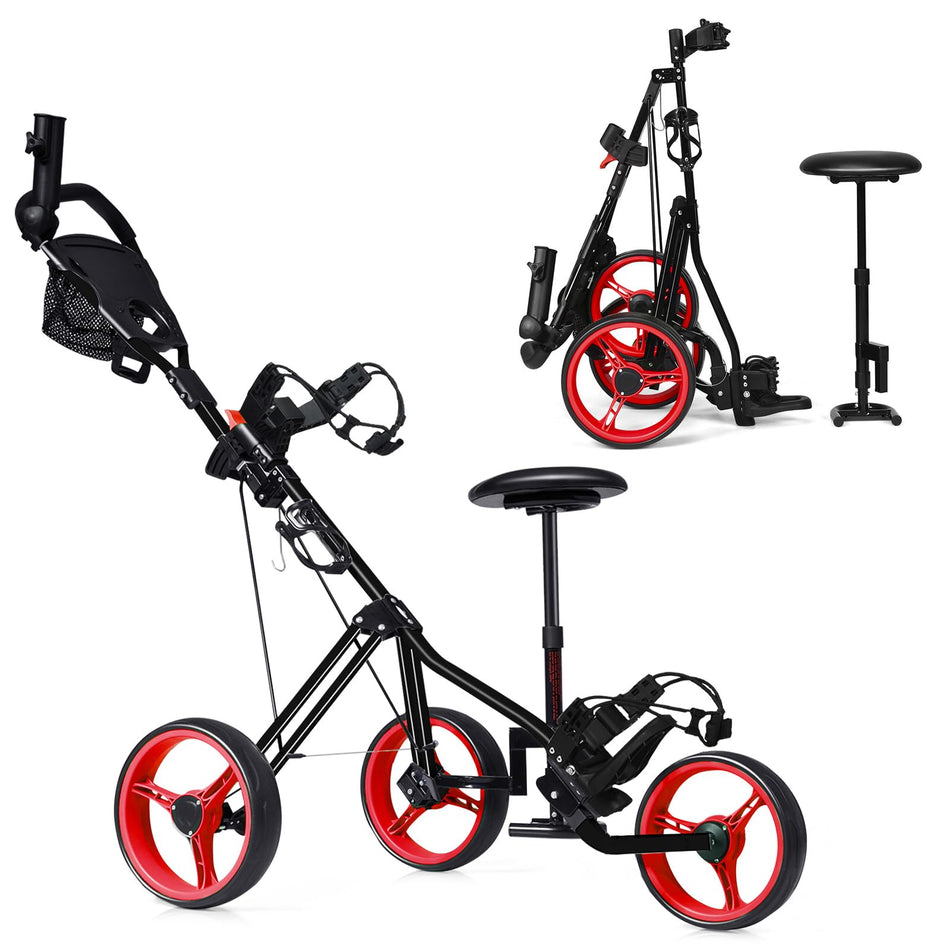 ULTIMATE Folding Golf Push Cart, 3-Wheel Push Golf Trolley w/4-Position Adjustable Handle, Height Adjustable Seat