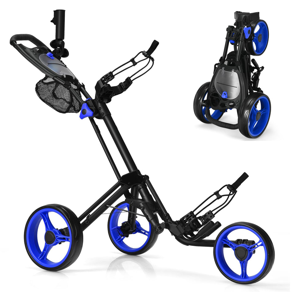 ULTIMATE 3 Wheel Golf Push Cart, Lightweight Folding Golf Trolley w/Scorecard/Cup/Umbrella/Golf Bag Holder & Mesh Bag