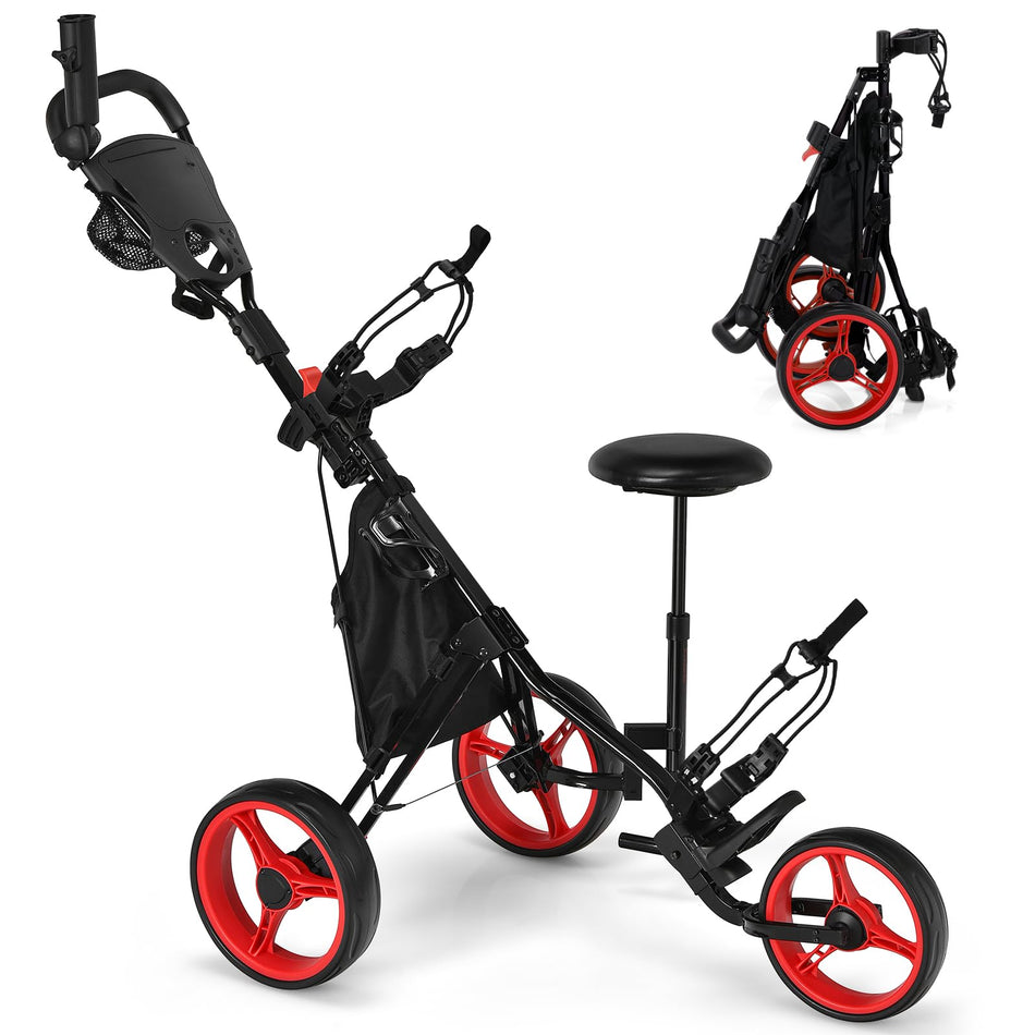 ULTIMATE 3 Wheel Golf Push Pull Cart, Foldable Lightweight Golf Bag Trolley w/Adjustable Seat and Handle, Scorecard Holder, Umbrella Holder