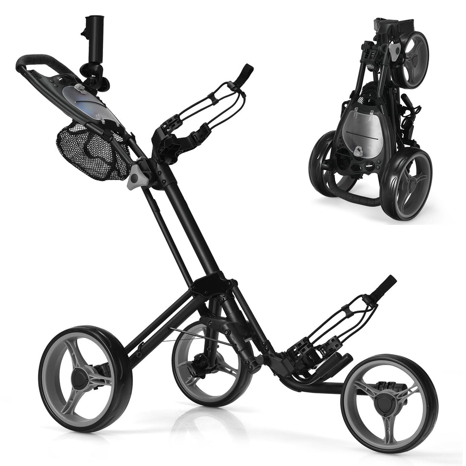 ULTIMATE 3 Wheel Golf Push Cart, Lightweight Folding Golf Trolley w/Scorecard/Cup/Umbrella/Golf Bag Holder & Mesh Bag