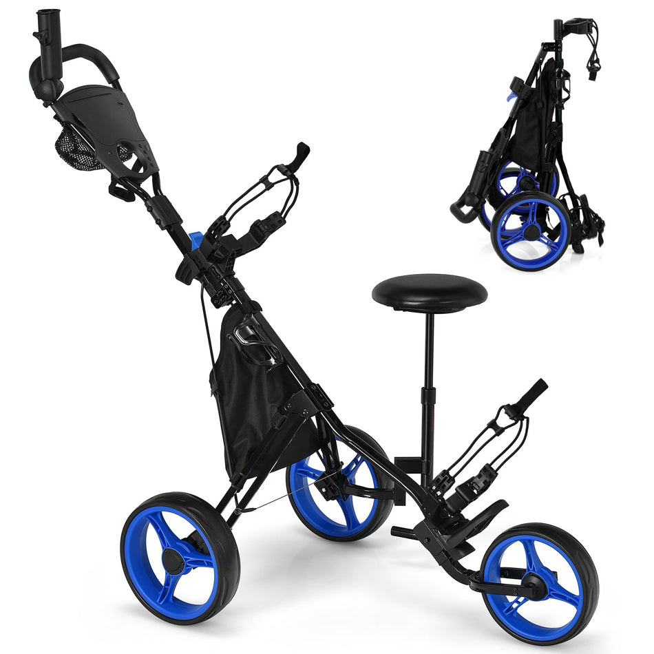 ULTIMATE 3 Wheel Golf Push Pull Cart, Foldable Lightweight Golf Bag Trolley w/Adjustable Seat and Handle, Scorecard Holder, Umbrella Holder