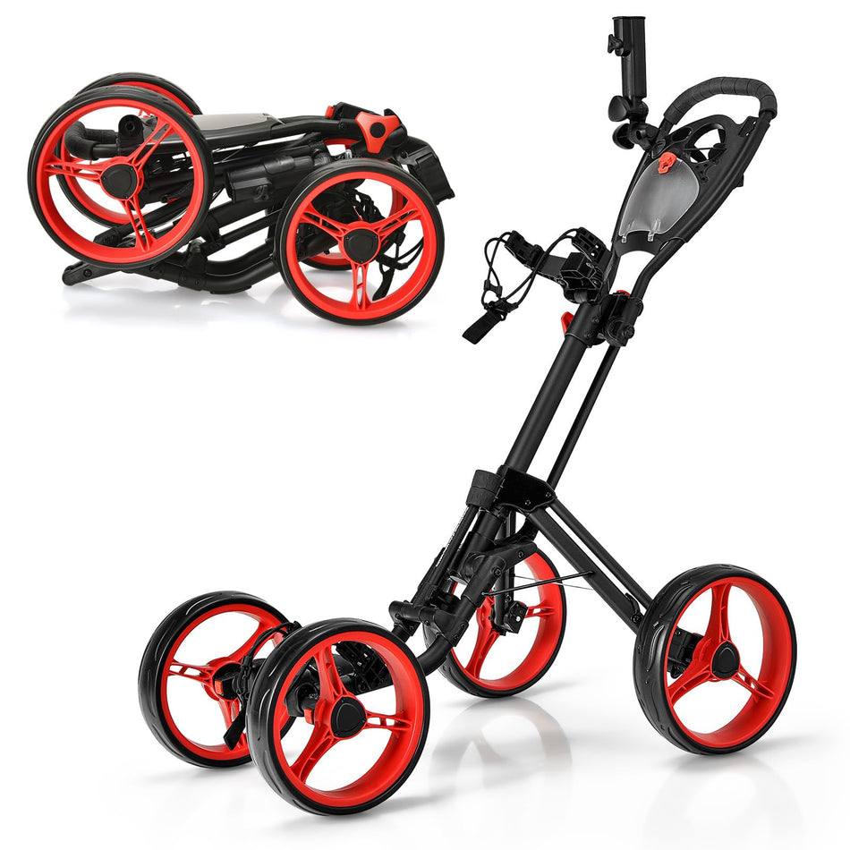 ULTIMATE 4 Wheel Golf Push Cart, Folding Golf Walking Cart w/Elastic Straps, Umbrella&Cup Holder