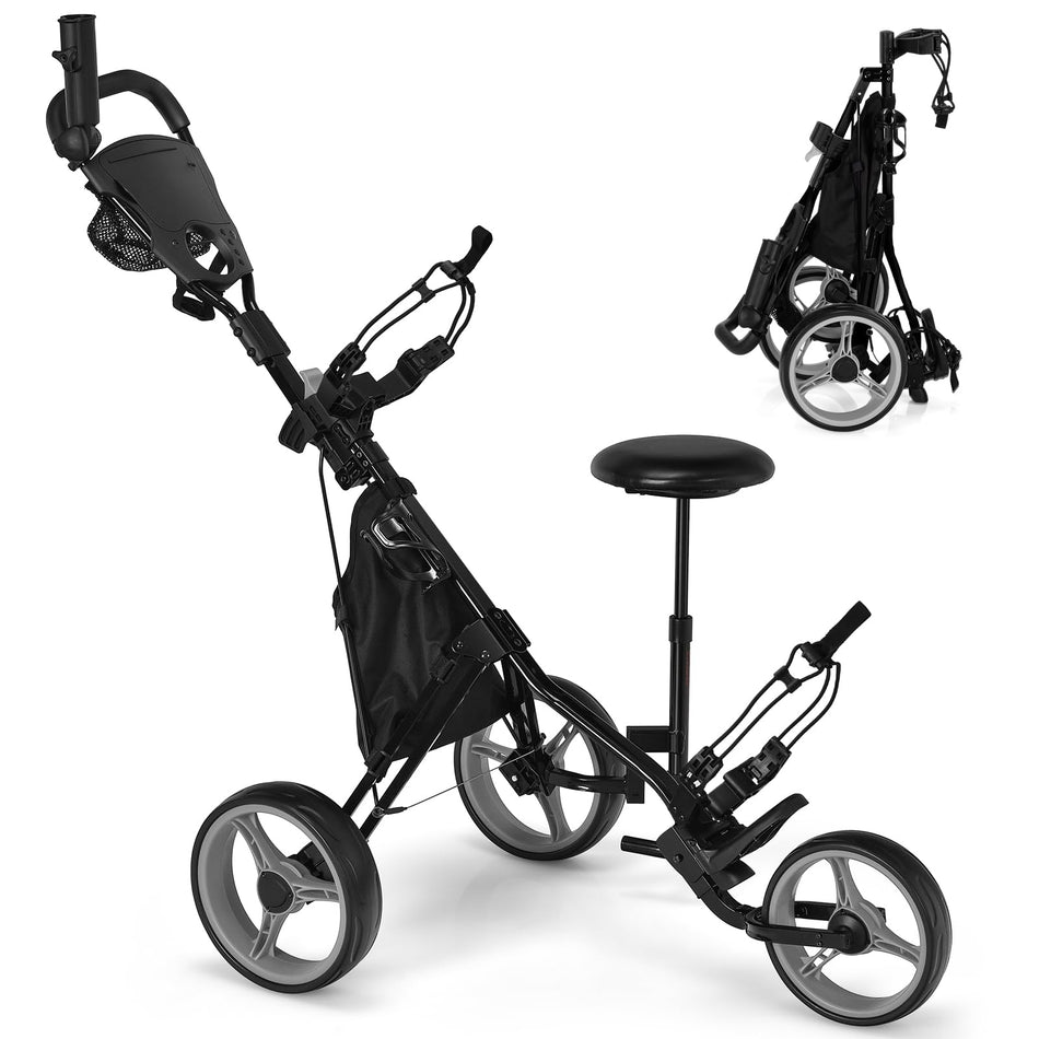 ULTIMATE 3 Wheel Golf Push Pull Cart, Foldable Lightweight Golf Bag Trolley w/Adjustable Seat and Handle, Scorecard Holder, Umbrella Holder