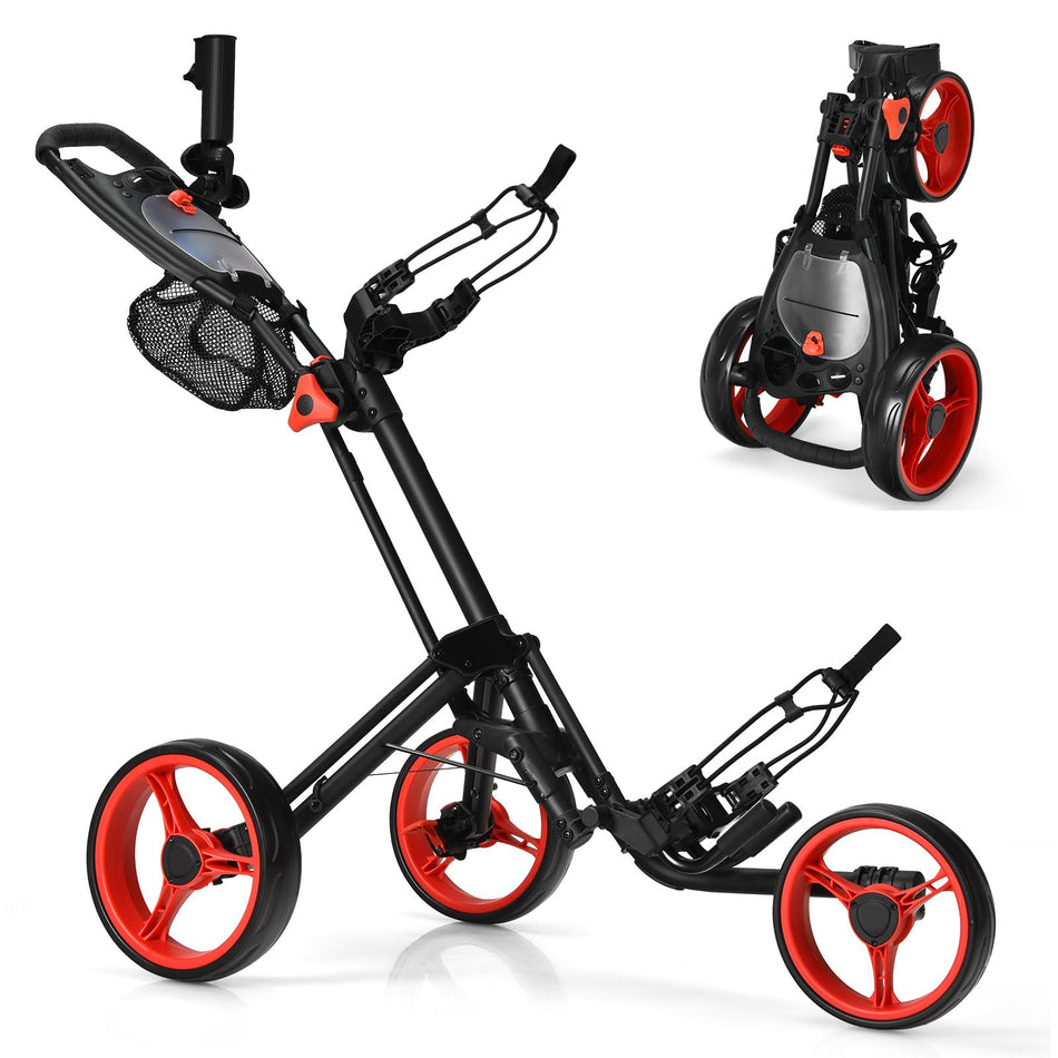 ULTIMATE 3 Wheel Golf Push Cart, Lightweight Folding Golf Trolley w/Scorecard/Cup/Umbrella/Golf Bag Holder & Mesh Bag