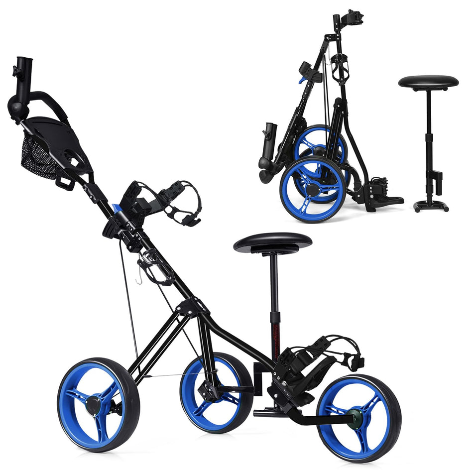 ULTIMATE Folding Golf Push Cart, 3-Wheel Push Golf Trolley w/4-Position Adjustable Handle, Height Adjustable Seat
