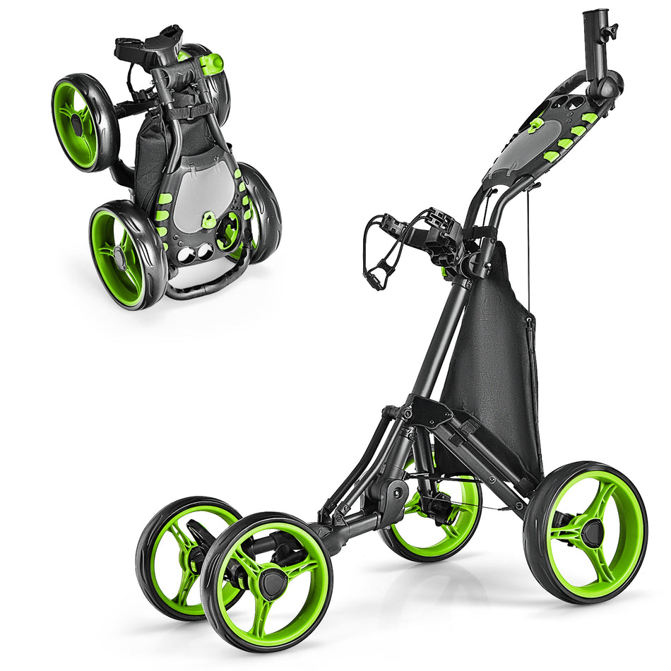 ULTIMATE 4 Wheel Golf Push Cart, Lightweight Folding Golf Trolley Roller w/Scorecard/Cup/Umbrella/Golf Bag Holder & Cooler Bag