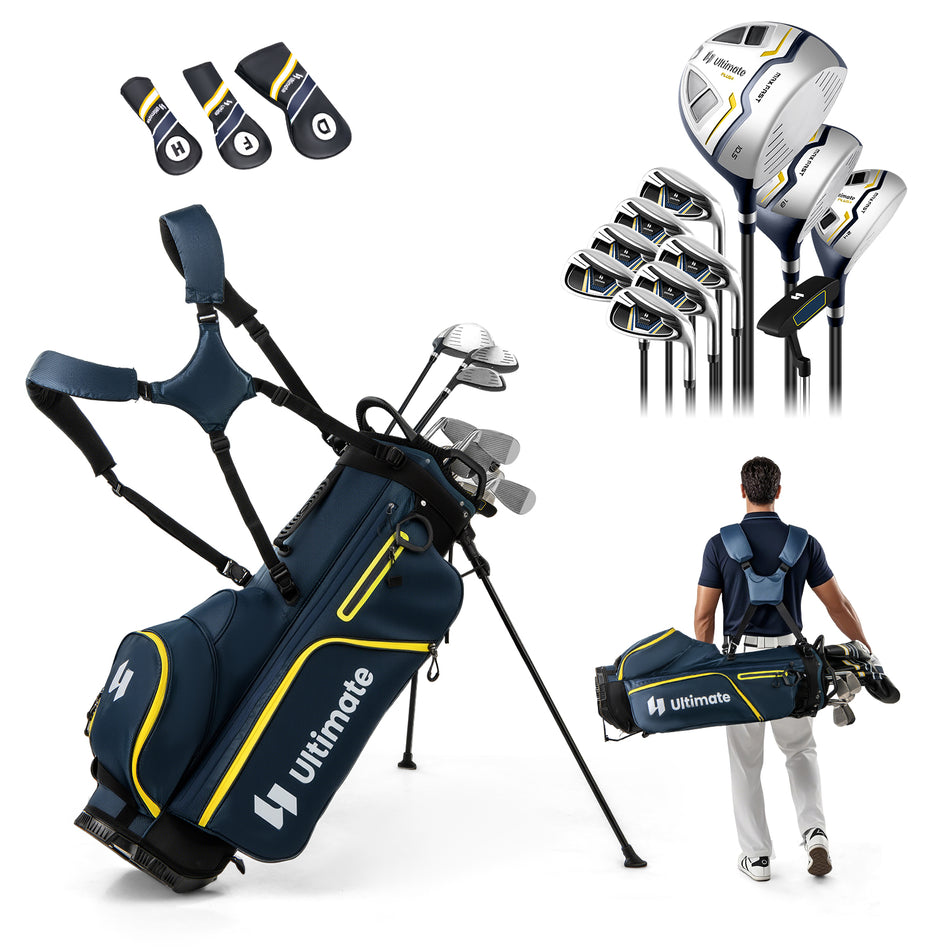 ULTIMATE 11PCS Men's Complete Golf Clubs Set w/ Golf Stand Bag, 460CC #1 Driver, #3 Fairway, Hybrid, #5-9 Irons, PW, SW, Putter, Headcovers & Rain Hood, Right Handed