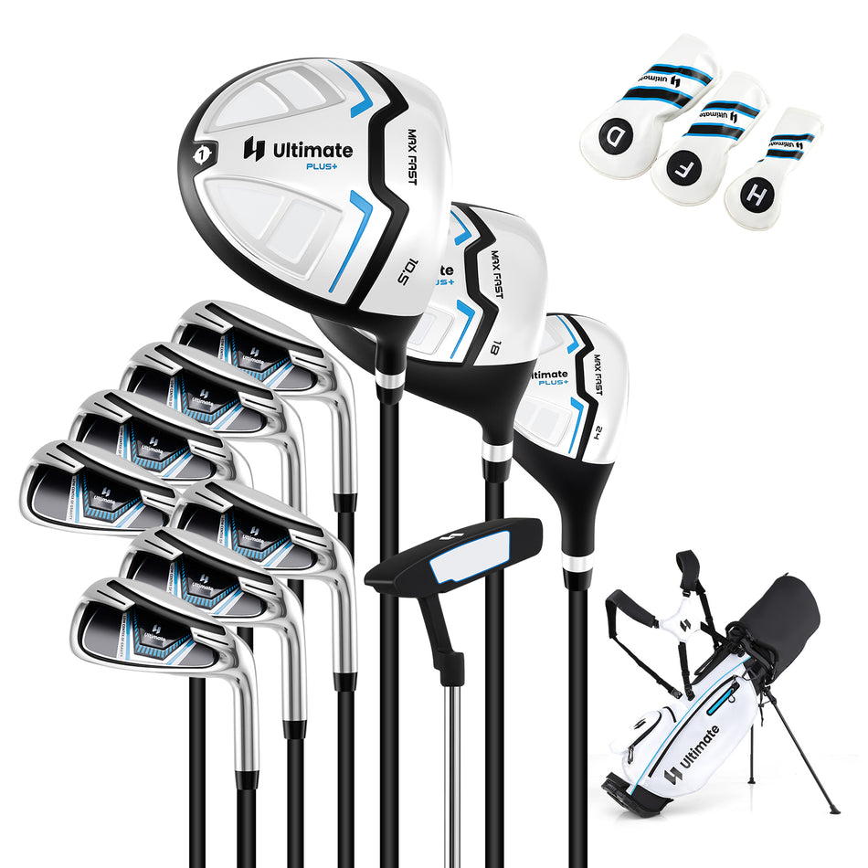 ULTIMATE Men's Complete Golf Clubs Set w/ Golf Stand Bag, 460CC #1 Driver, #3 Fairway, Hybrid, #5-9 Irons, PW, SW, Putter, Headcovers & Rain Hood, Right Handed