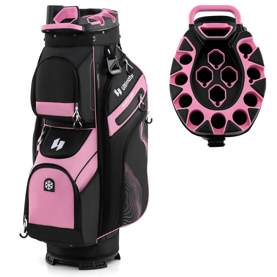 ULTIMATE 14-Way Golf Cart Bag, Golf Bag w/Molded Lock Top & Full Length Dividers, Portable Golf Club Bag w/11 Pockets, Cooler Bag, Padded Strap & Rain Hood for Men Women