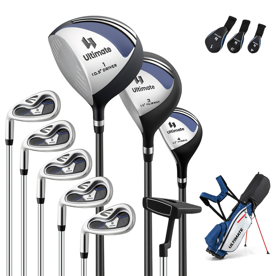 ULTIMATE Left-Handed Golf Clubs for Mens, Complete Men's Golf Club Set with 460CC #1 Driver, #3 Fairway, #4 Hybrid, #6, #7, #8, #9 & #PW Irons, Putter, 3 Head Covers, Lightweight Golf Stand Bag & Rain Hood