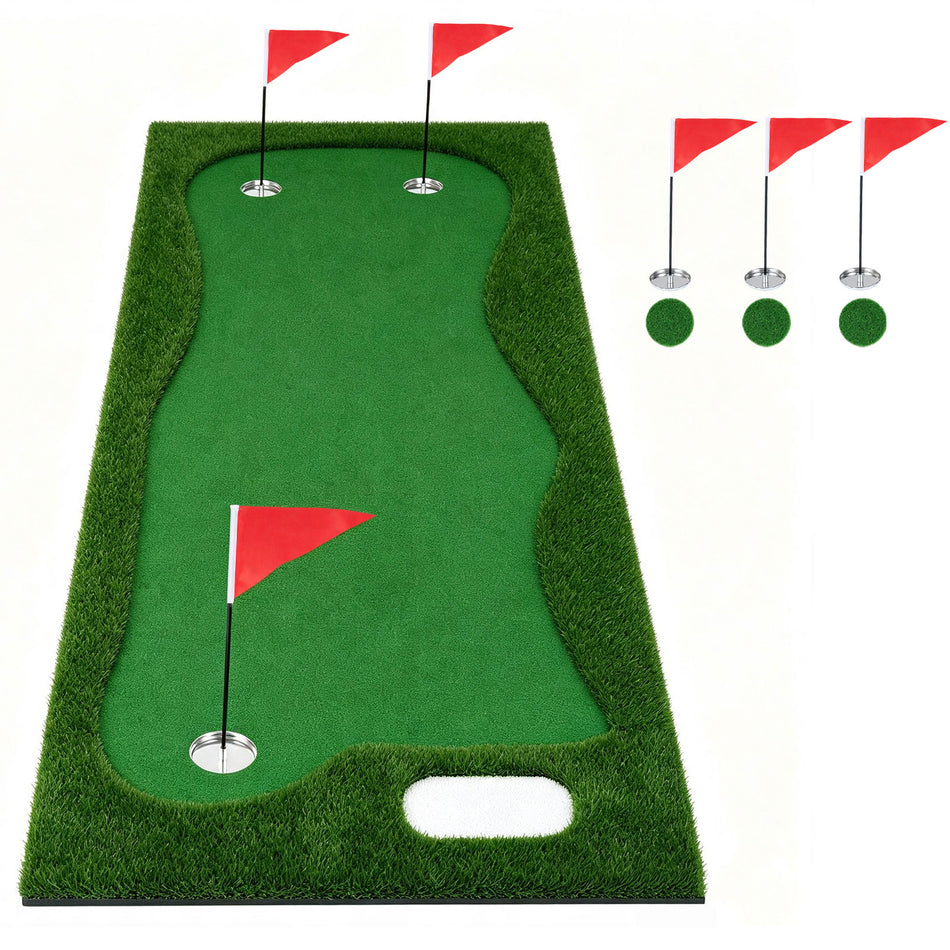 ULTIMATE 10FT Golf Putting Green, Golf Training Mat w/ Realistic Feel Turf, 3 Holes, 3 Flags & Cups, Putting Practice Indoor Outdoor