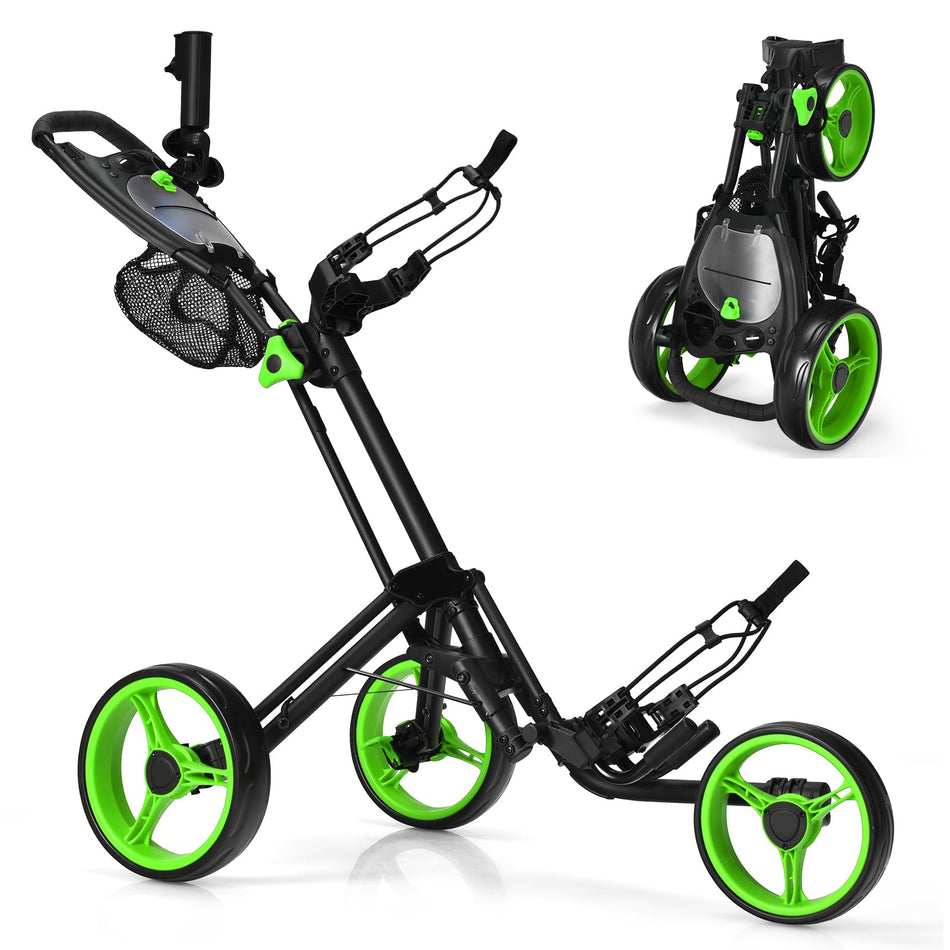 ULTIMATE 3 Wheel Golf Push Cart, Lightweight Folding Golf Trolley w/Scorecard/Cup/Umbrella/Golf Bag Holder & Mesh Bag