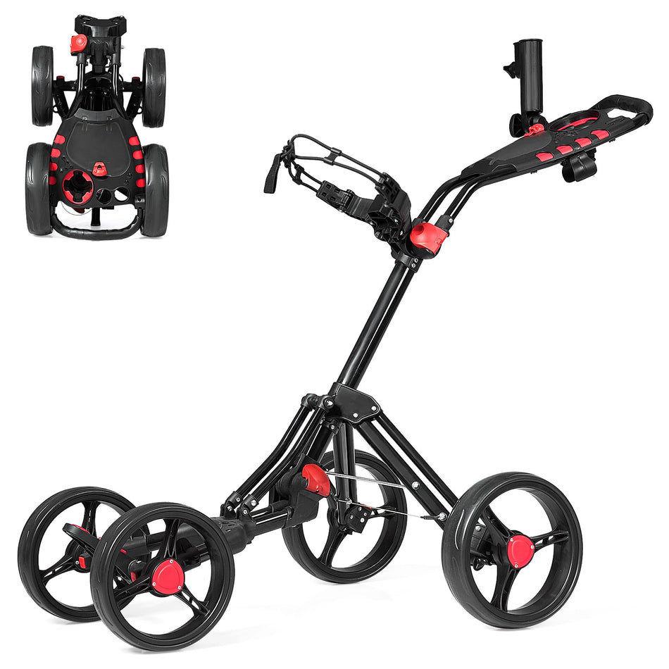 ULTIMATE 4-Wheel Golf Push Cart, Height-Adjustable Aluminum Golf Cart w/Adjustable Strap, Umbrella Holder