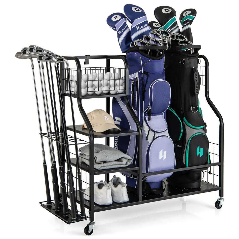 ULTIMATE 5-in-1 Golf Bag Storage Organizer, Rolling Golf Bag Stand with Storage Basket, 6 Removable Hooks