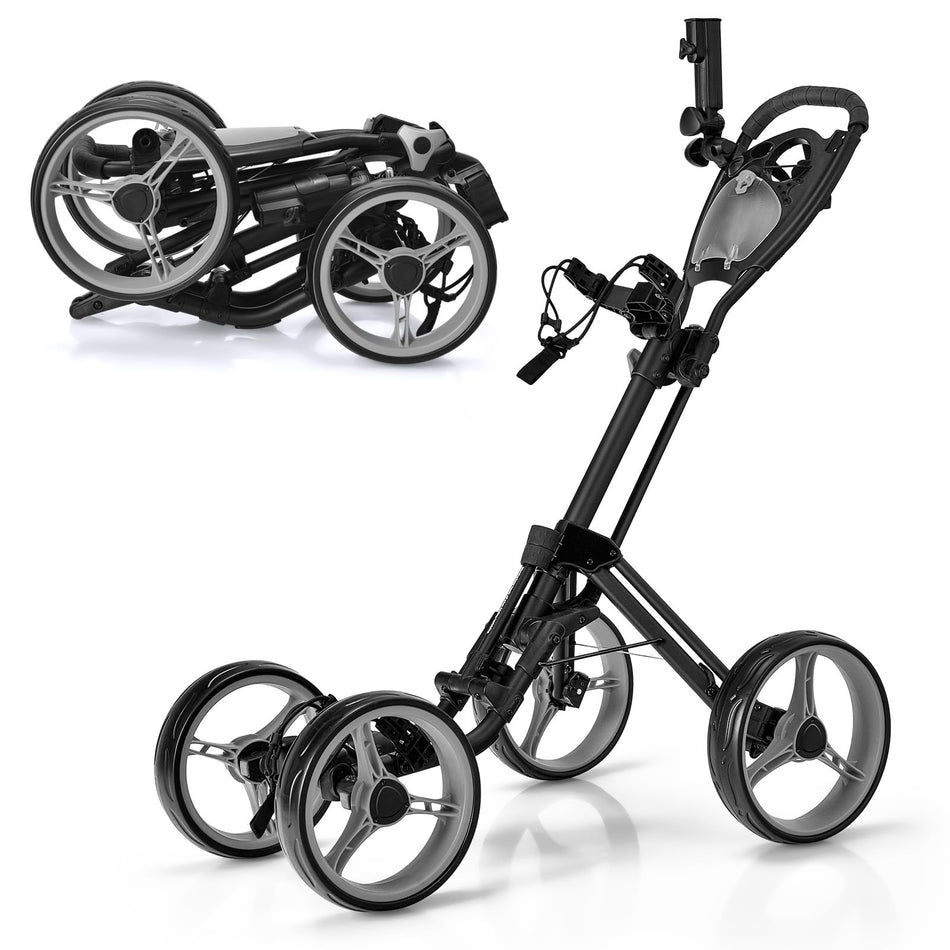 ULTIMATE 4 Wheel Golf Push Cart, Folding Golf Walking Cart w/Elastic Straps, Umbrella&Cup Holder