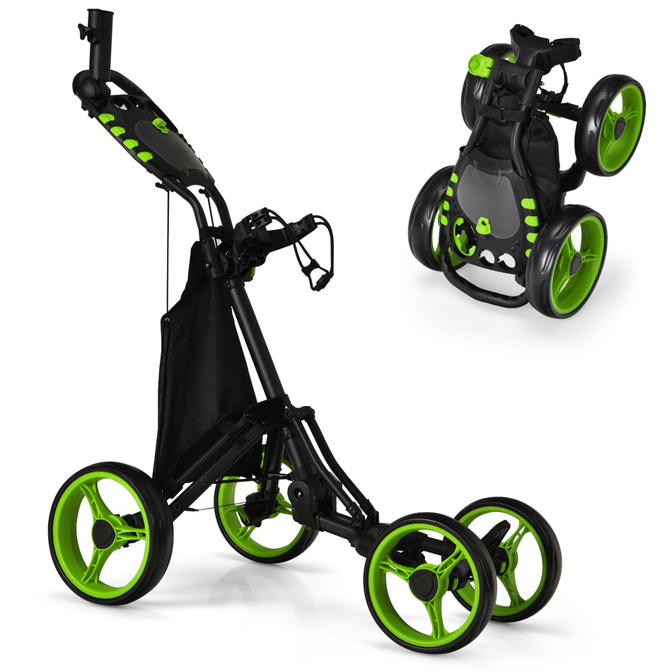 ULTIMATE 4 Wheel Golf Push Cart, Lightweight Folding Golf Trolley Roller w/Scorecard/Cup/Umbrella/Golf Bag Holder & Cooler Bag