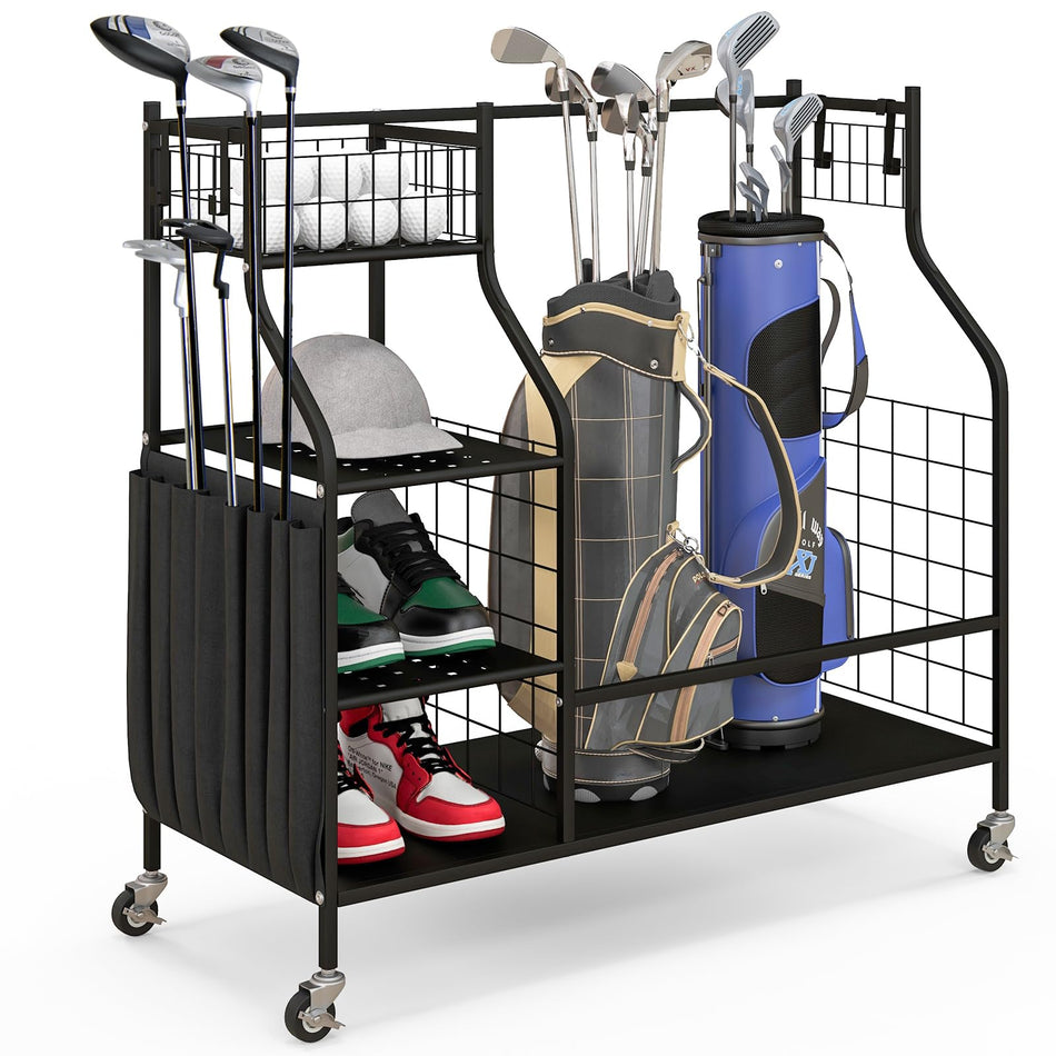 ULTIMATE 4-in-1 Golf Bag Storage Organizer with Lockable Wheels, 2 Golf Bags Storage Stand