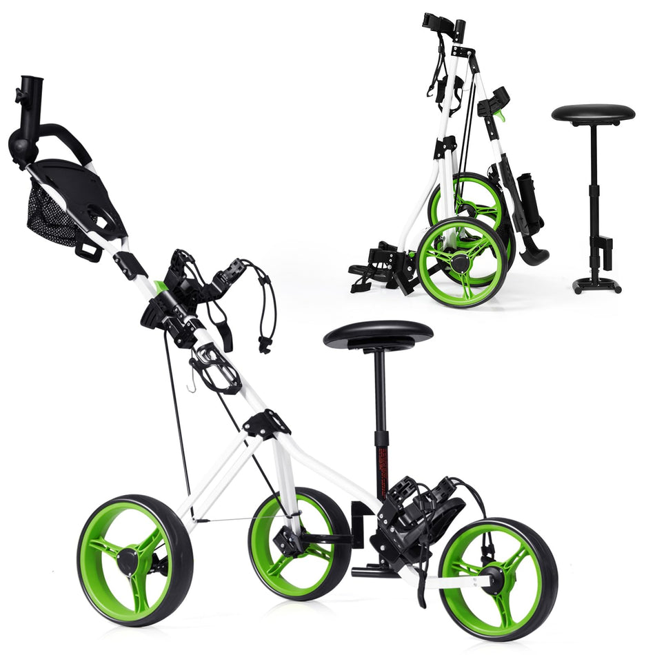 ULTIMATE Folding Golf Push Cart, 3-Wheel Push Golf Trolley w/4-Position Adjustable Handle, Height Adjustable Seat